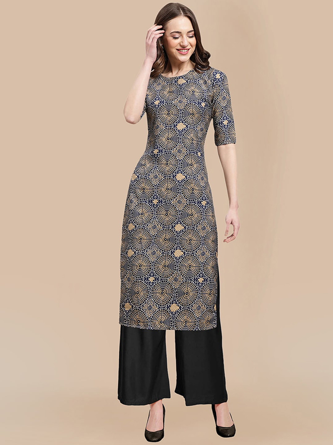 

KALINI Women Printed Silk Crepe Kurta with Palazzos, Navy blue