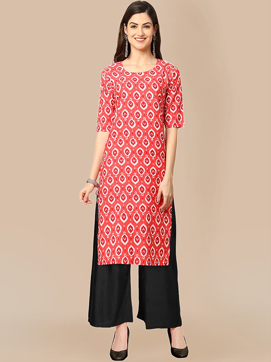 

Kalini Women Printed Silk Crepe Kurti with Trousers, Peach