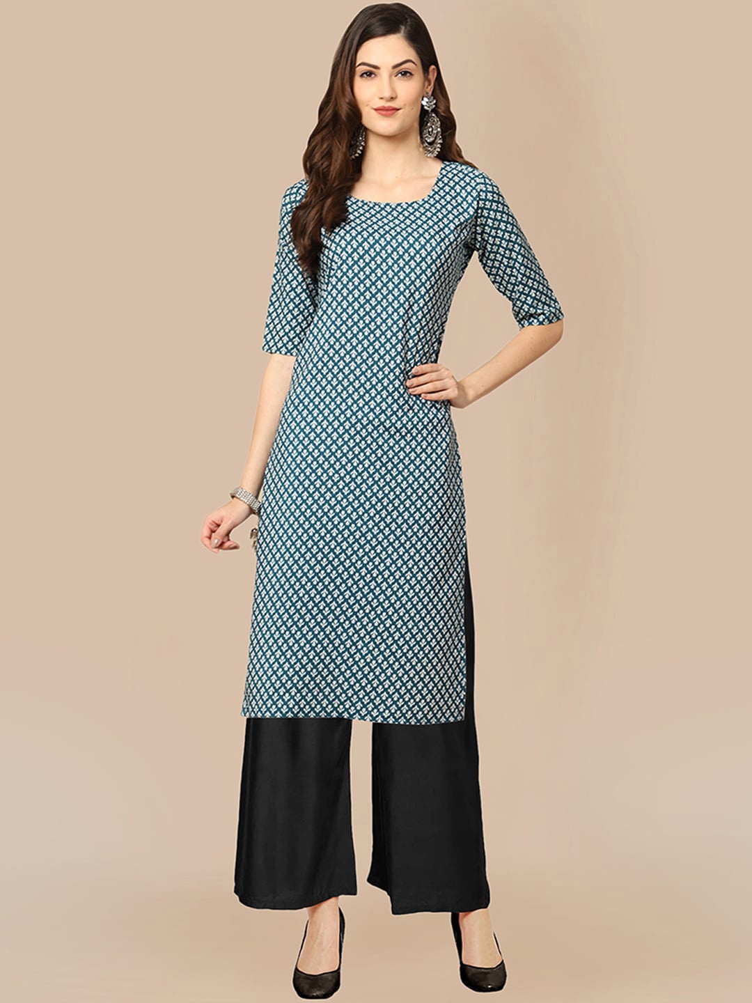 

KALINI Women Ethnic Motifs Printed Silk Crepe Kurta with Palazzos, Teal