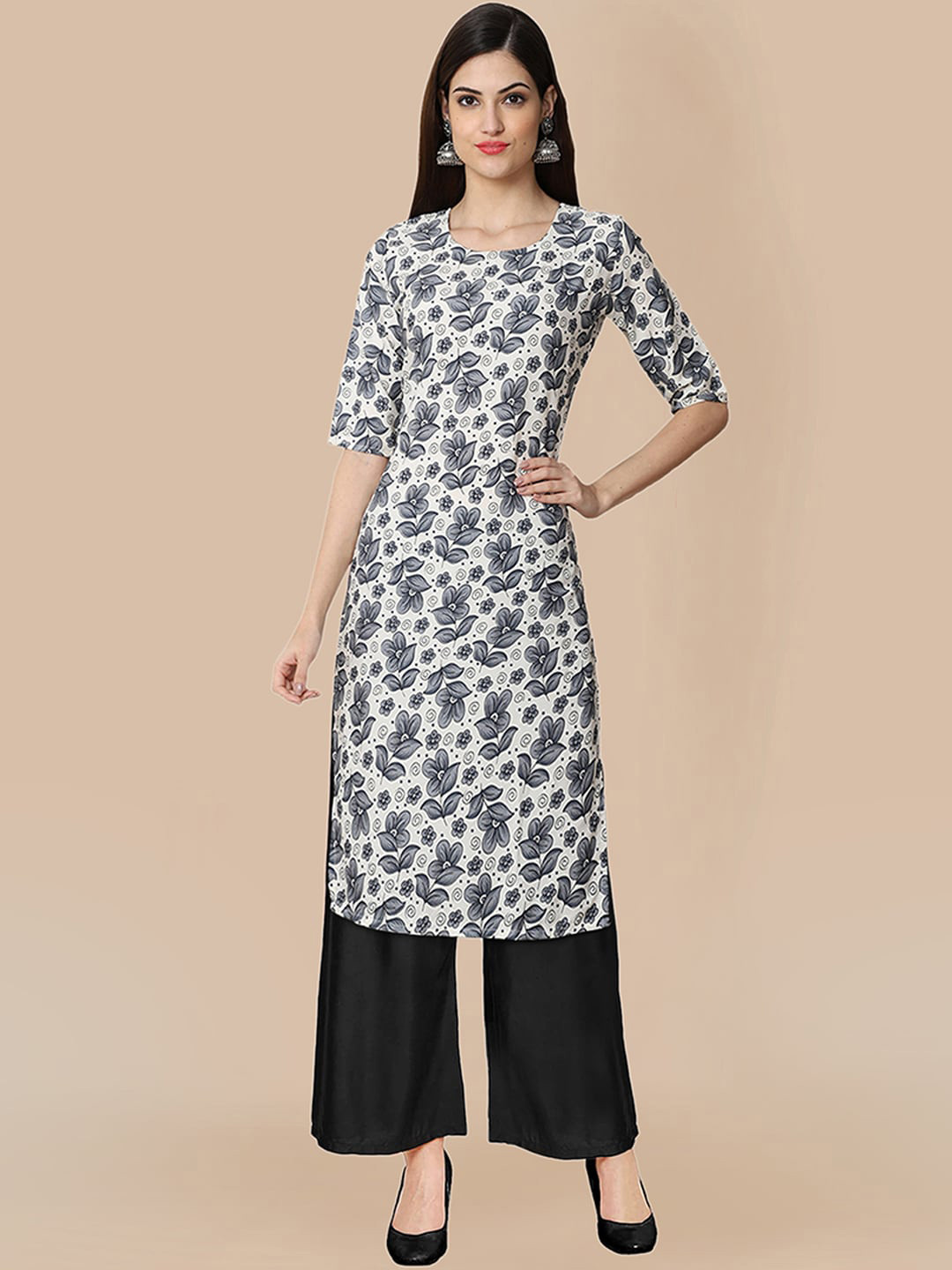 

KALINI Women Grey Printed Pleated Silk Crepe Kurti with Trousers