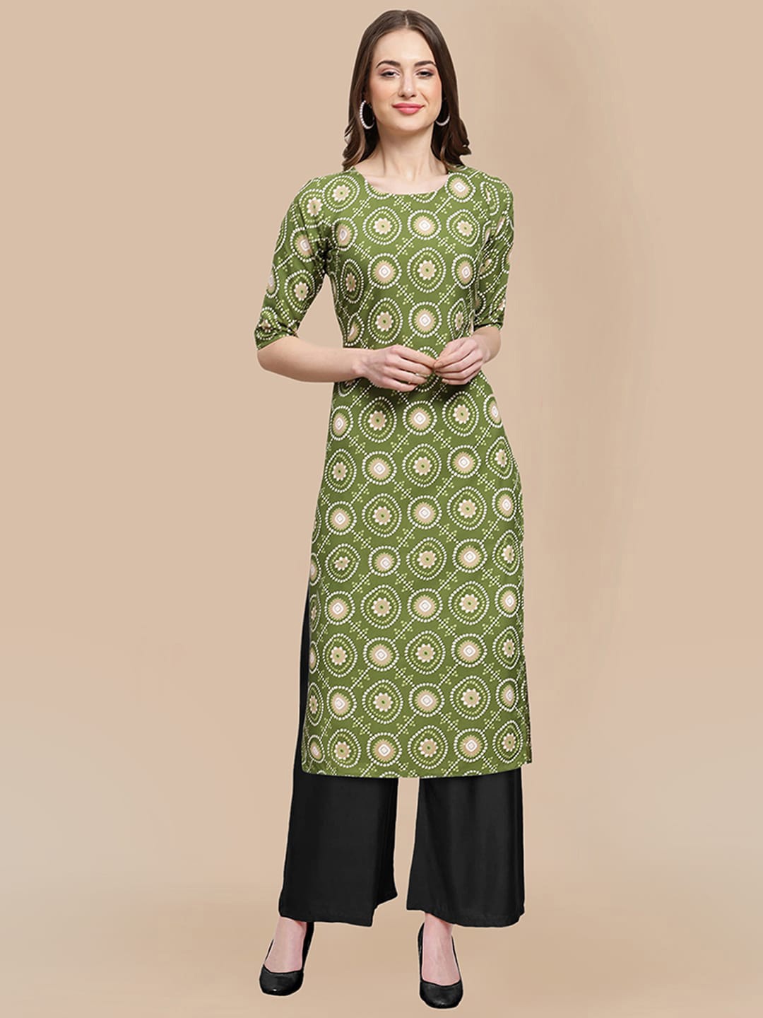 

KALINI Women Green Printed Panelled Silk Crepe Kurti with Trousers