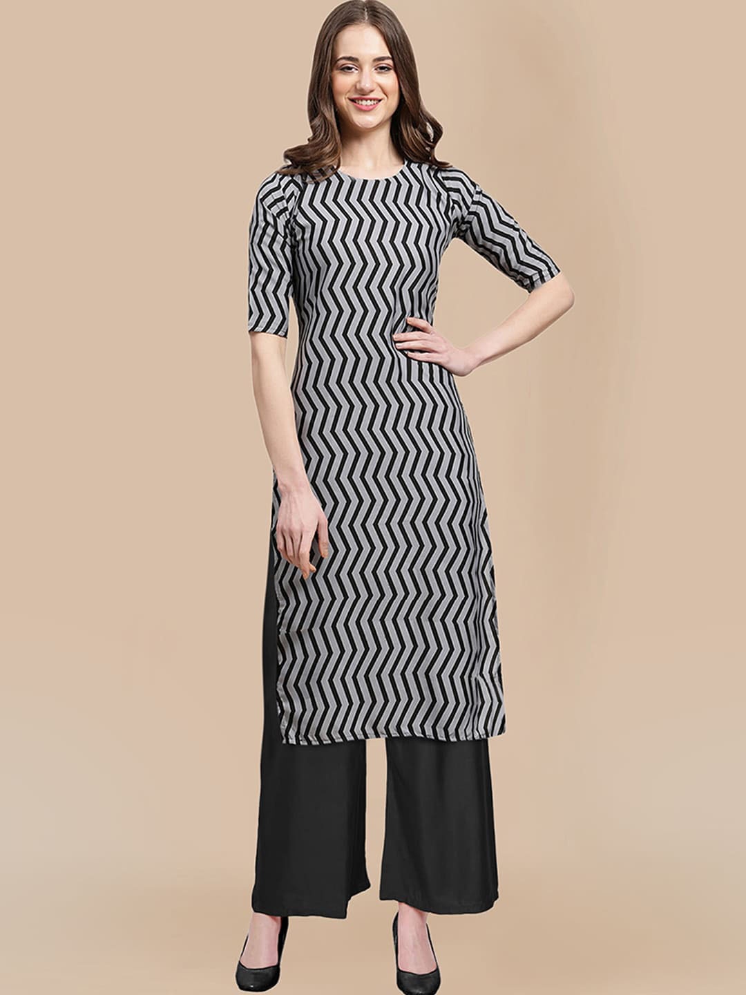 

KALINI Women Black Striped Silk Crepe Kurta with Trousers