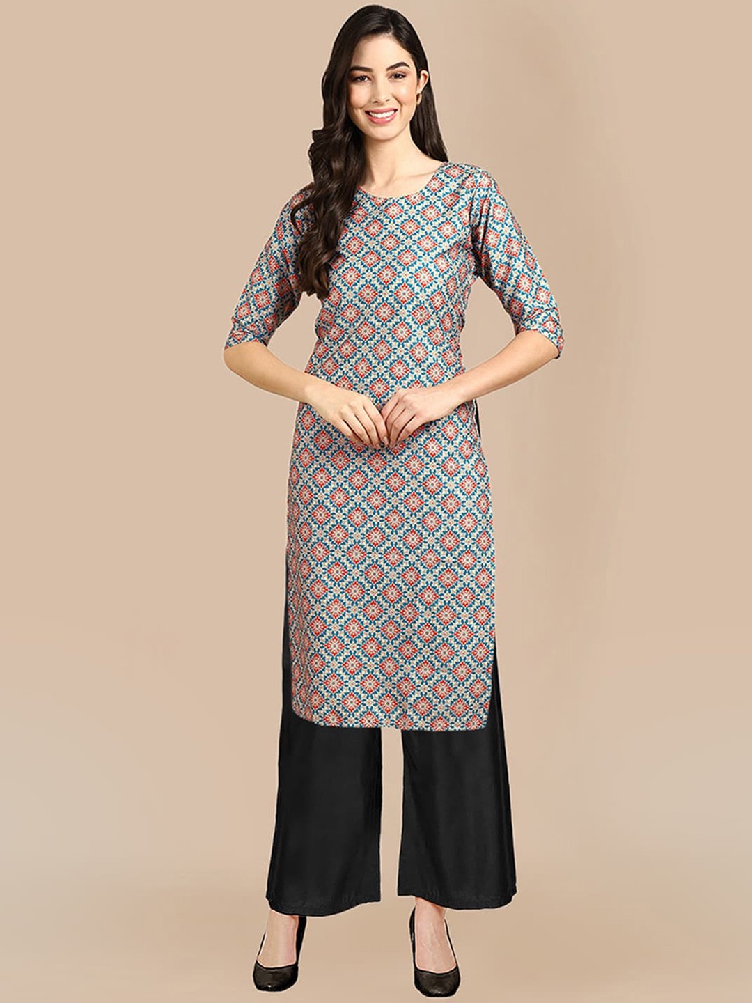 

KALINI Women Floral Printed Silk Crepe Kurta with Palazzos, Blue