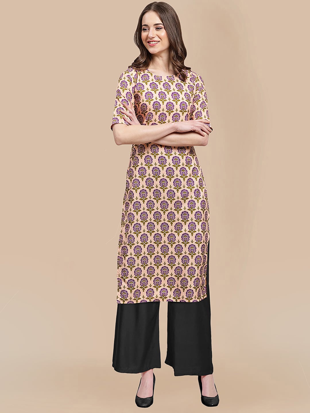 

KALINI Women Floral Printed Silk Crepe Kurta with Palazzo Set, Beige
