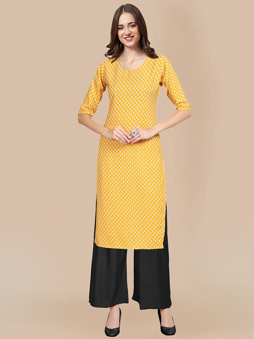 

KALINI Women Yellow Printed Layered Silk Crepe Kurti with Sharara