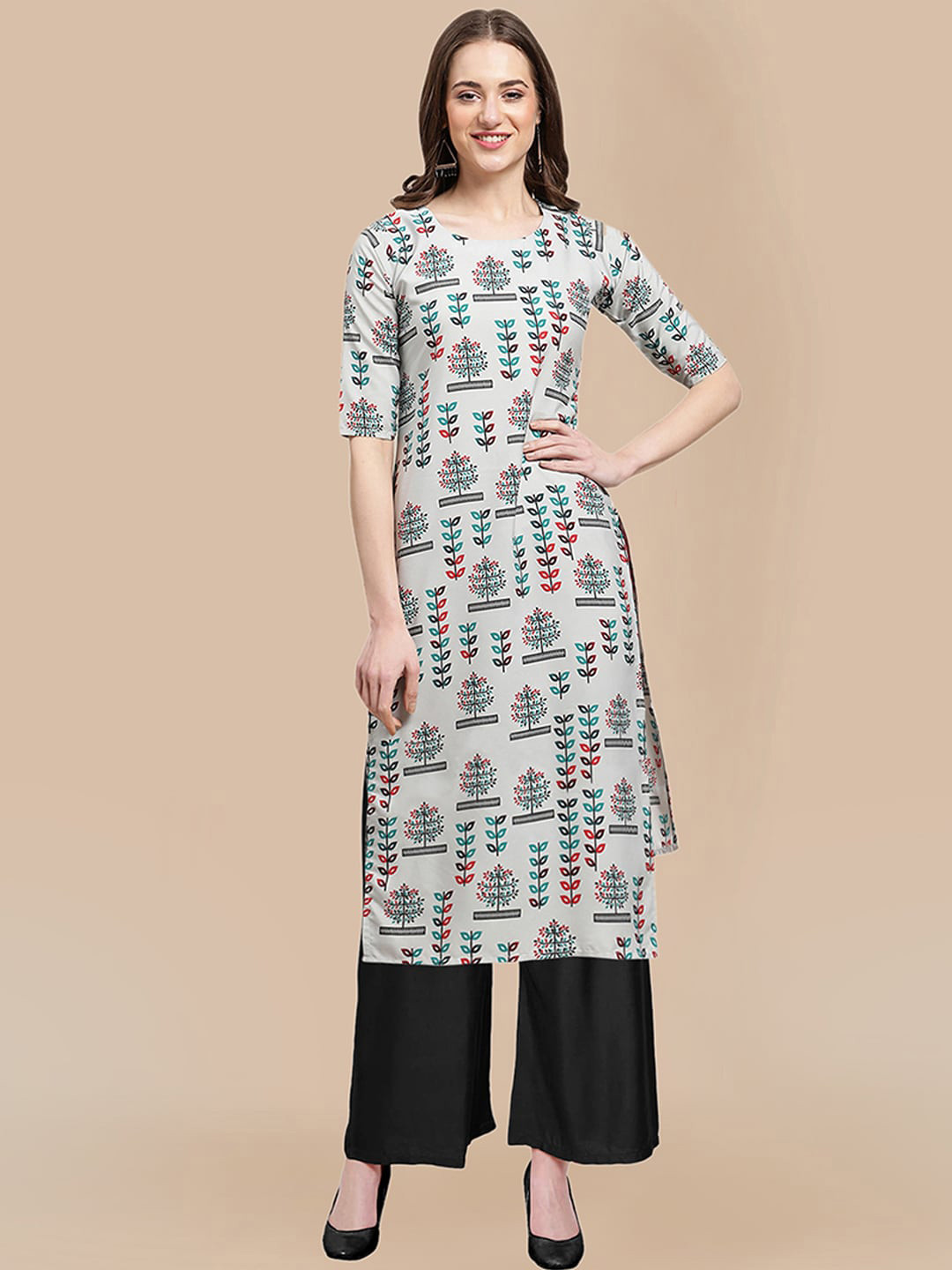 

KALINI Women Beige Floral Printed Panelled Silk Crepe Kurta with Palazzos