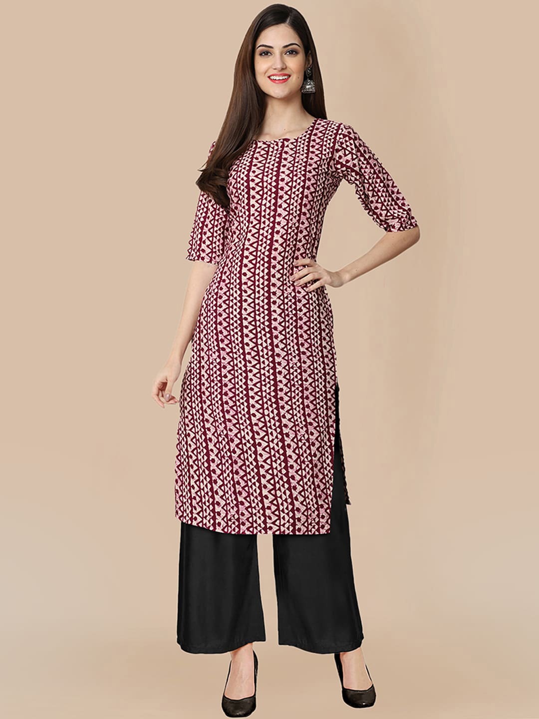 

KALINI Women Ethnic Motifs Printed Silk Crepe Kurti with Palazzo, Maroon