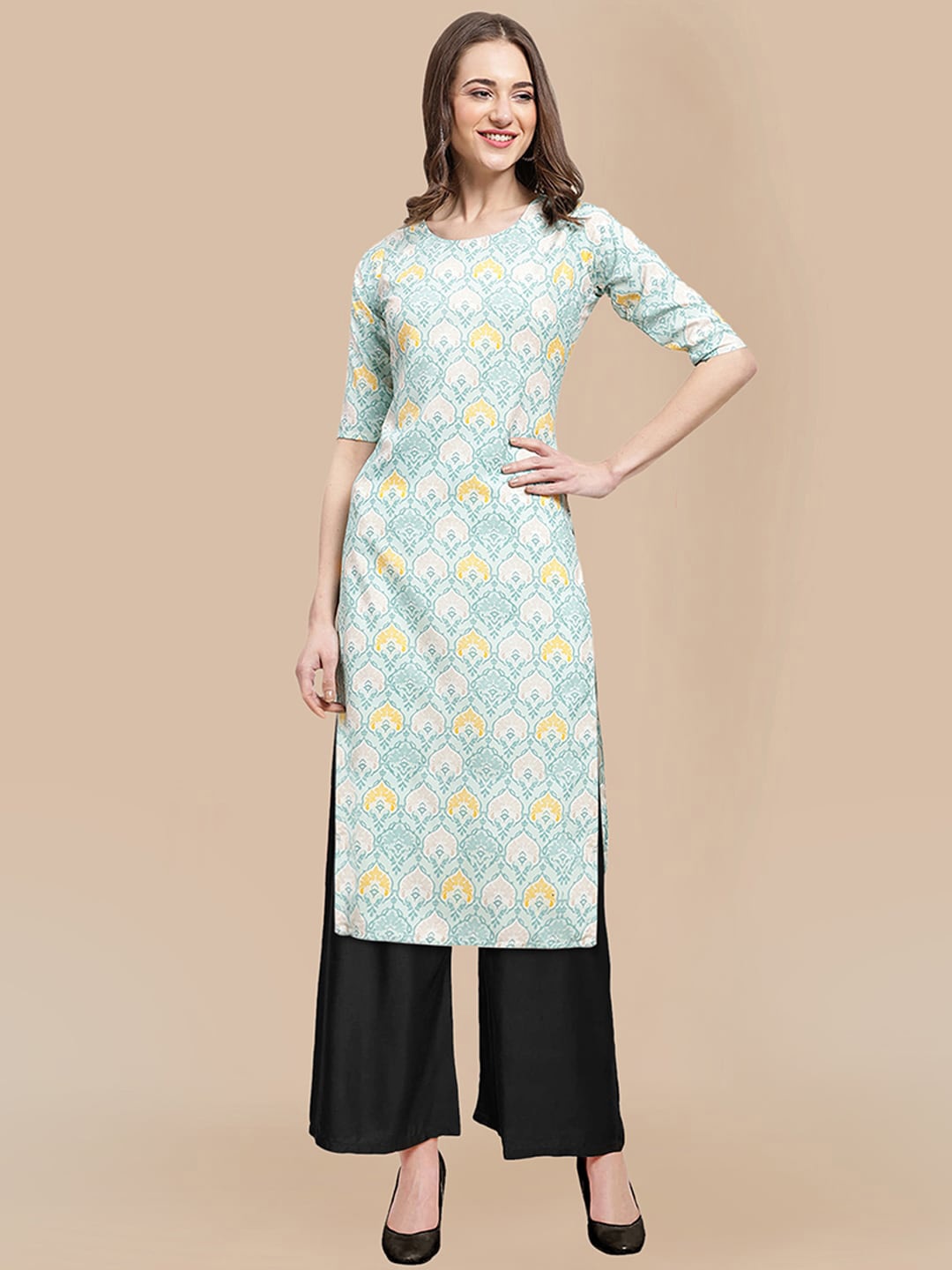 

KALINI Women Ethnic Motifs Printed Silk Crepe Straight Kurta with Palazzos, Blue