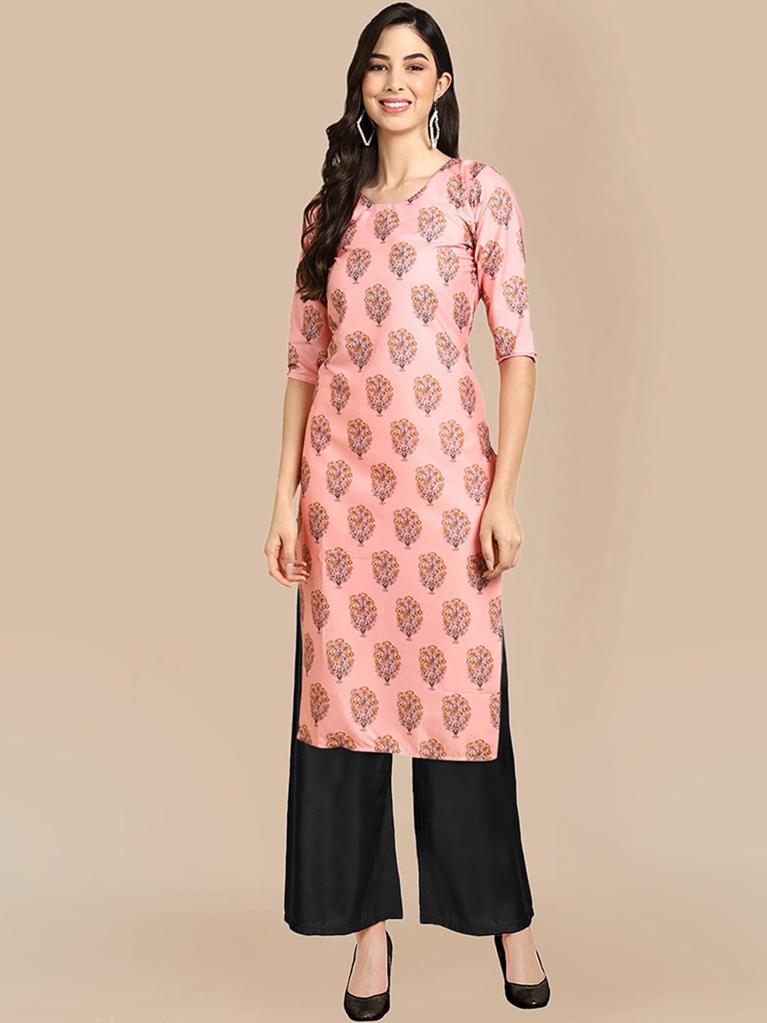 

KALINI Women Pink Ethnic Motifs Printed Silk Crepe Kurta with Trousers