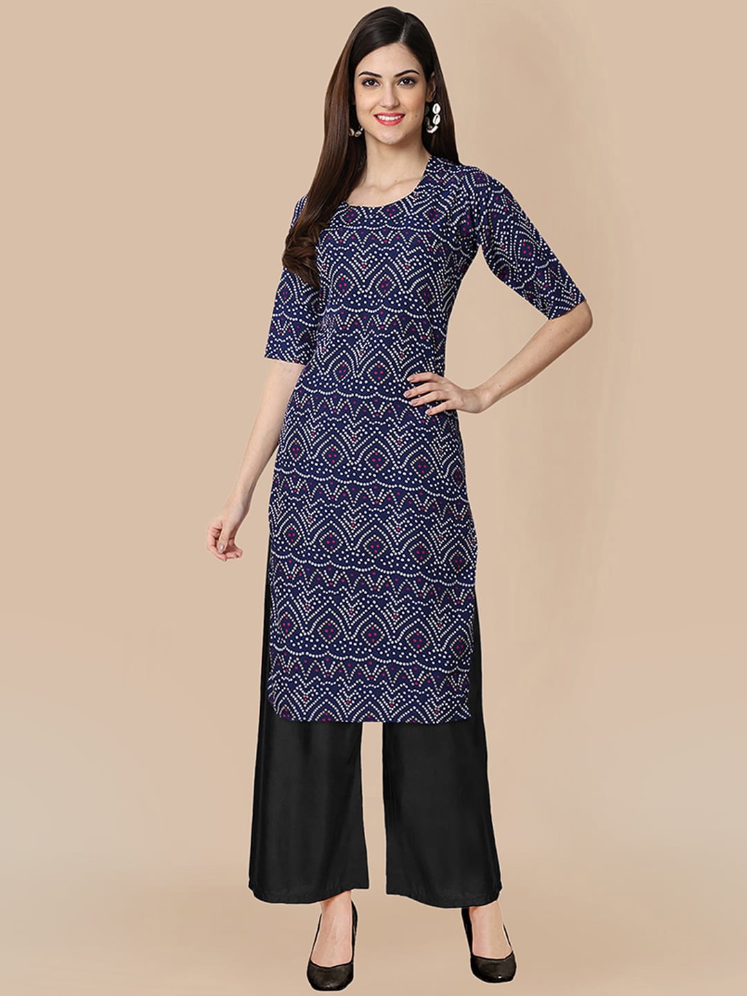 

KALINI Women Printed Silk Crepe Kurta with Trousers, Blue