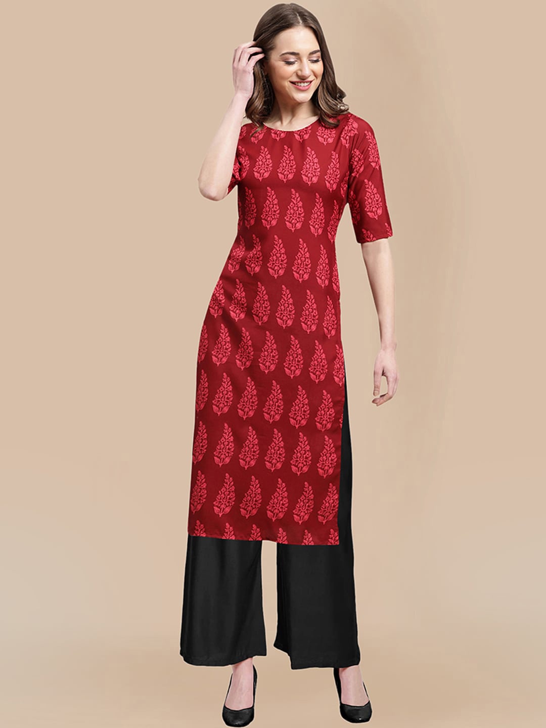 

KALINI Women Maroon Embroidered Panelled Silk Crepe Kurti with Trousers