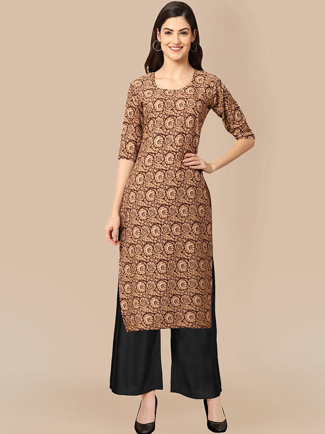 

KALINI Women Brown High Slit Silk Crepe Kurti with Trousers