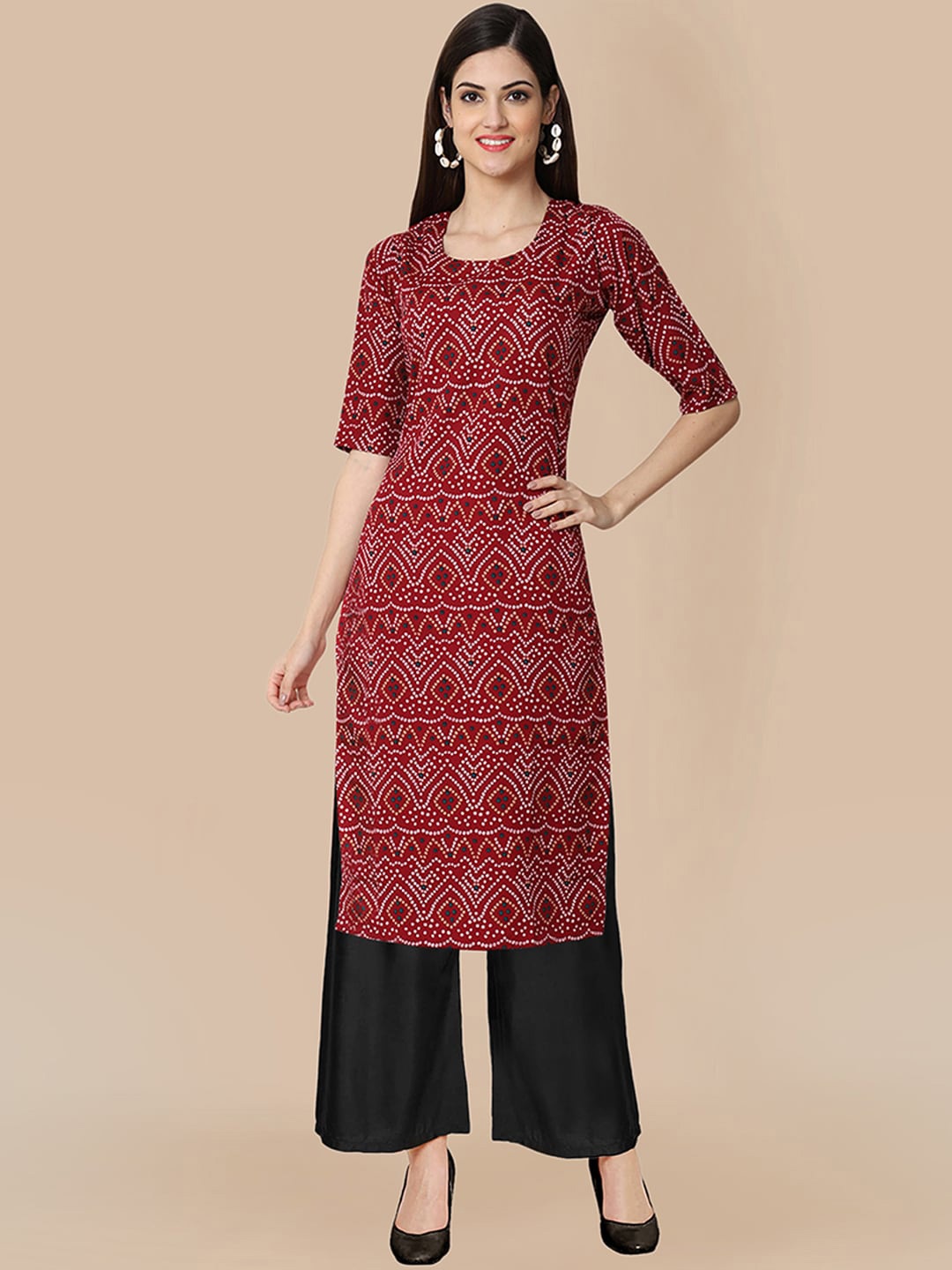 

KALINI Women Bandhani Printed Silk Crepe Kurta with Palazzos, Maroon