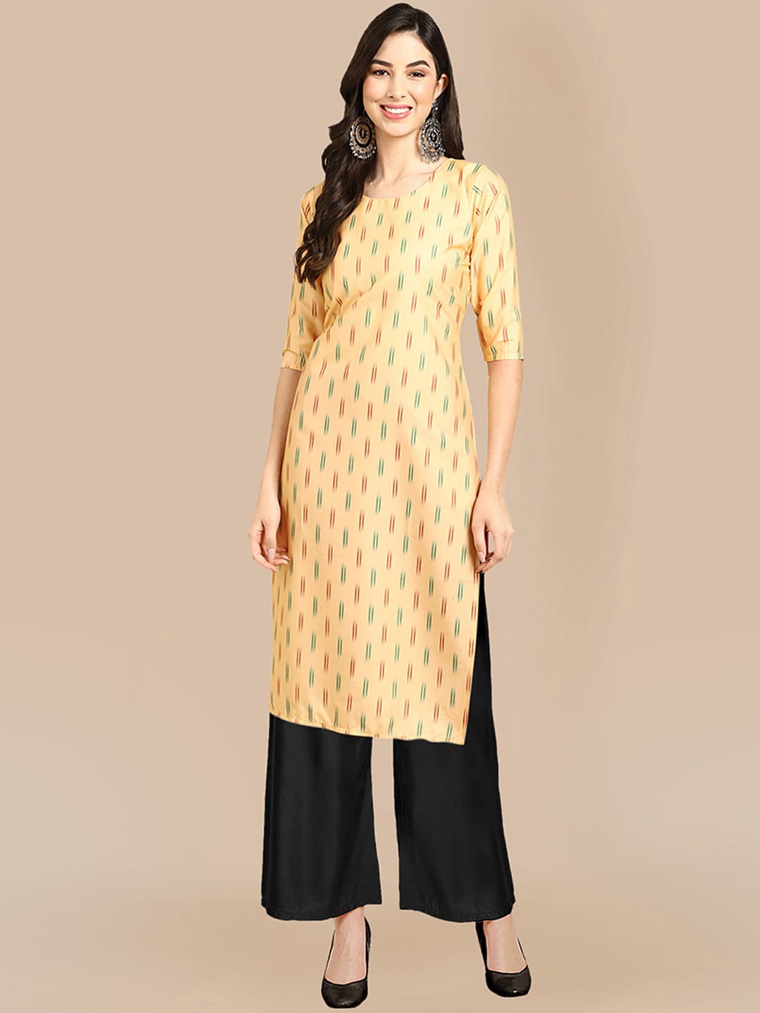 

KALINI Women Printed Crepe Kurta with Palazzos, Beige