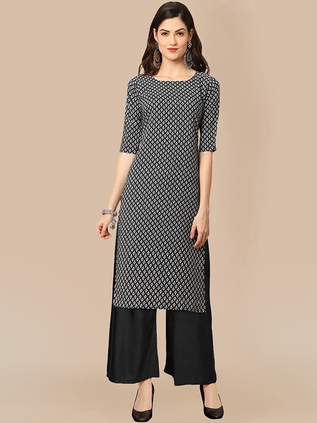 

KALINI Women Black Panelled Silk Crepe Kurti with Trousers