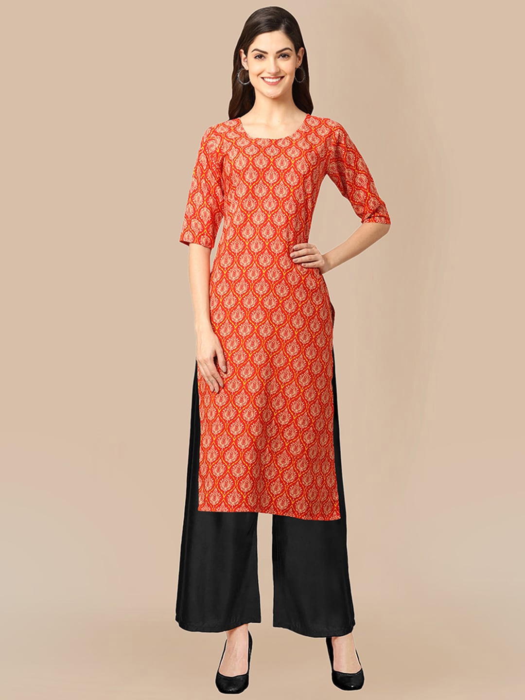 

KALINI Women Orange Panelled Silk Crepe Kurti with Trousers