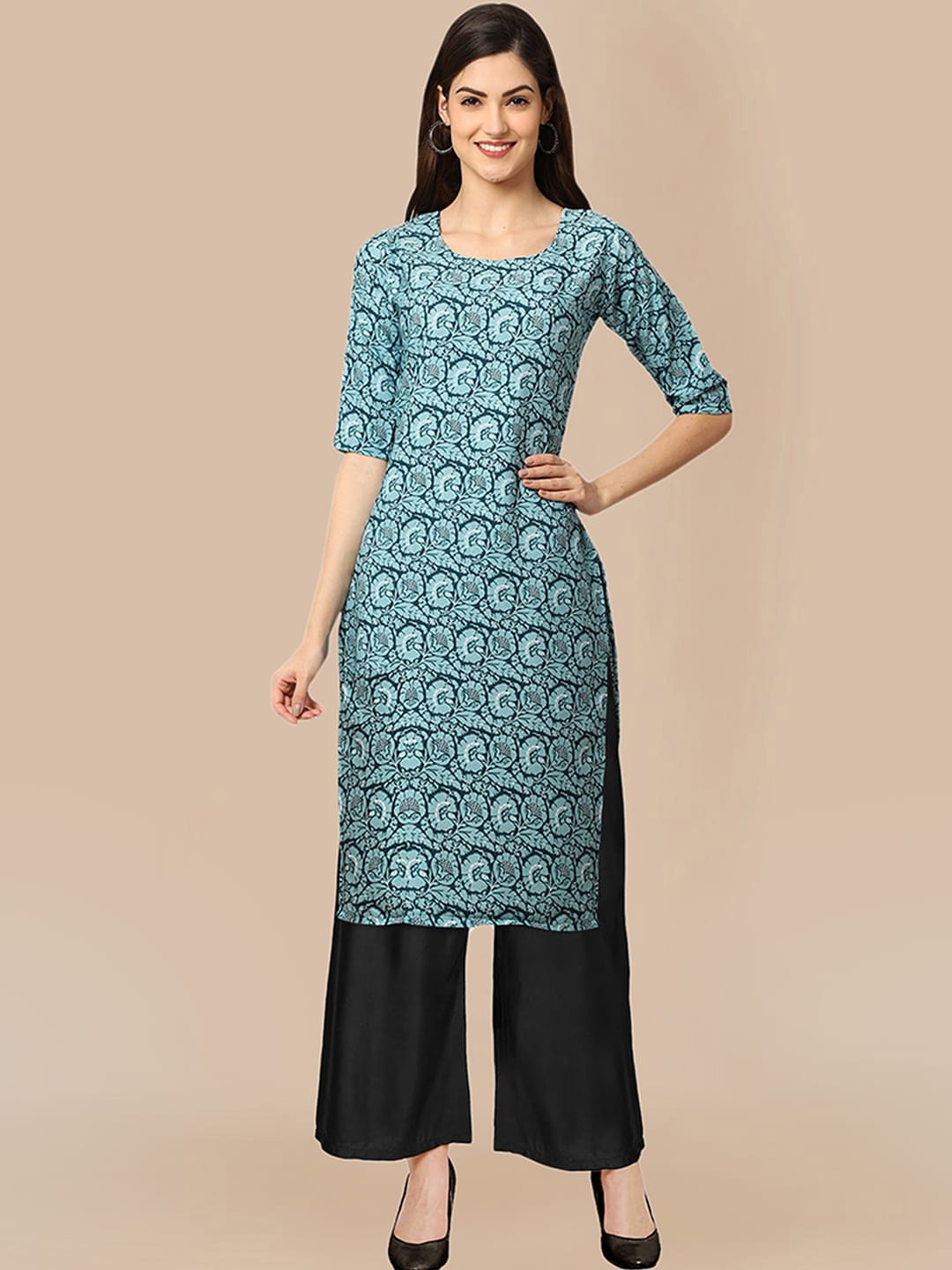 

KALINI Women Teal Floral Printed Silk Crepe Kurti with Trousers