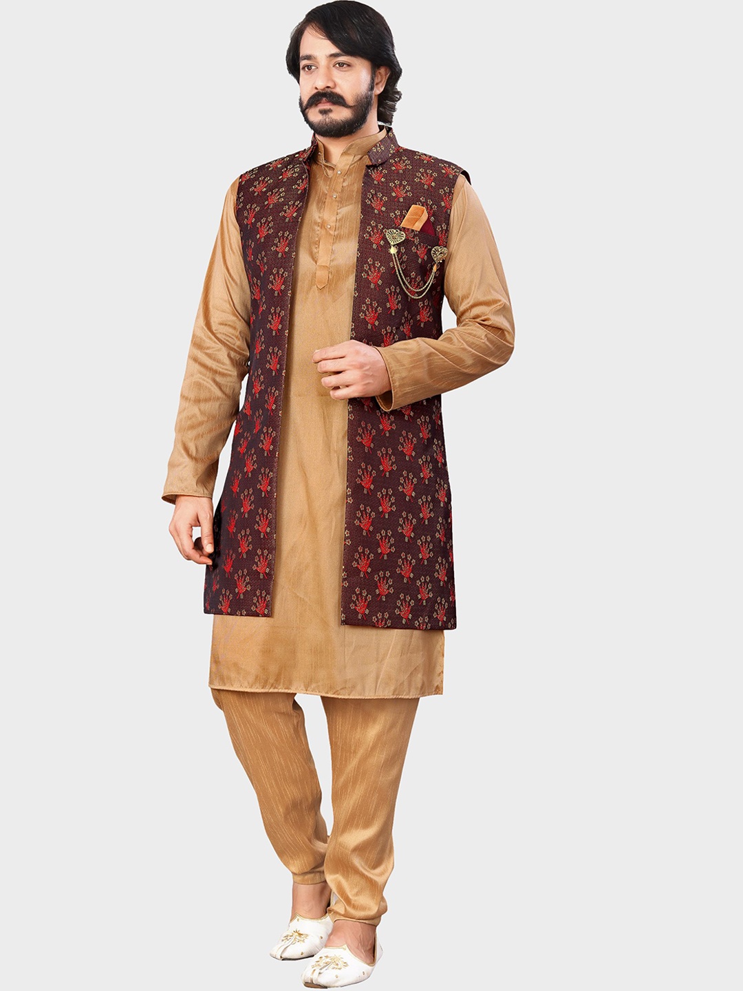 

amzira Men Ethnic Motifs Kurta with Pyjamas & Jacket Set, Brown