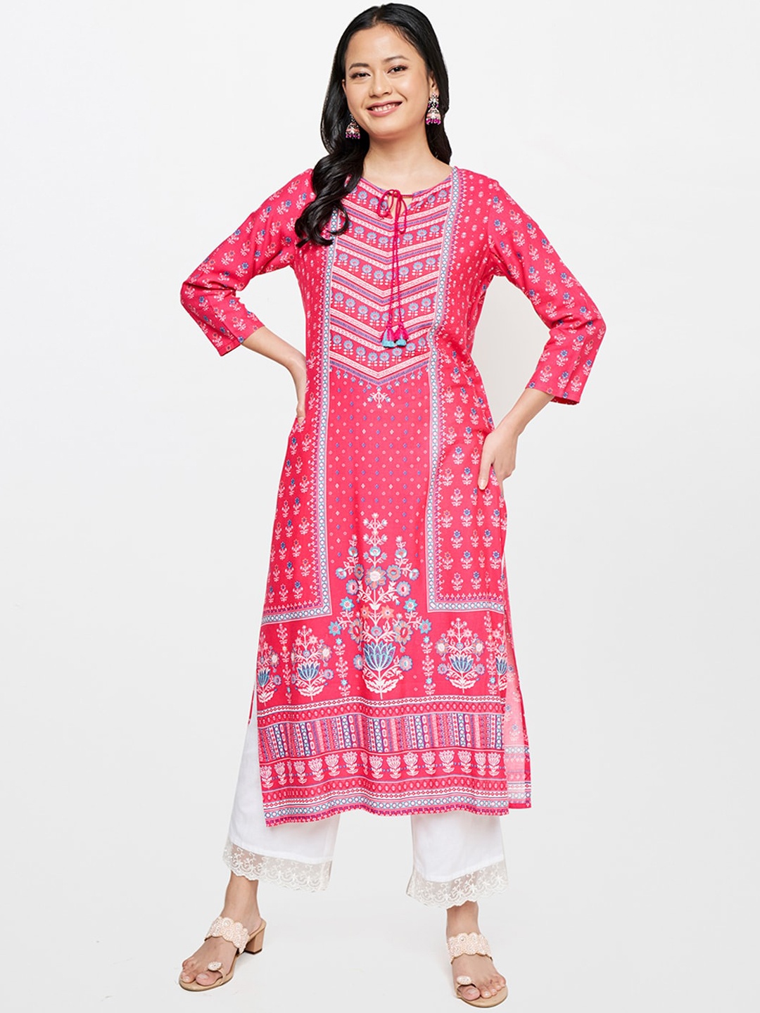 

Global Desi Women Pink Ethnic Motifs Keyhole Neck Kurta
