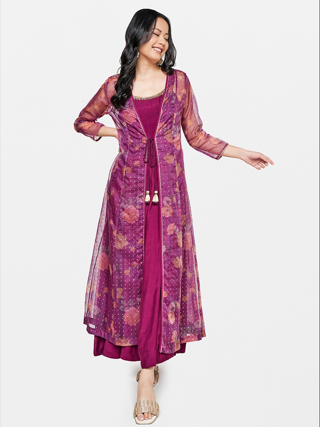 

Global Desi Burgundy Floral Printed Layered Maxi Dress