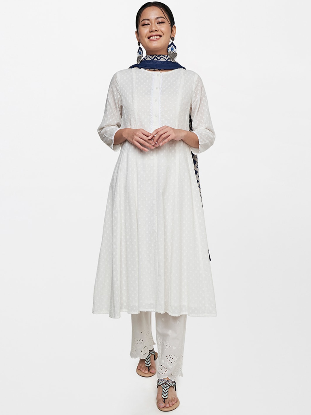 

Global Desi Women White Panelled Pure Cotton Kurta with Trousers & With Dupatta