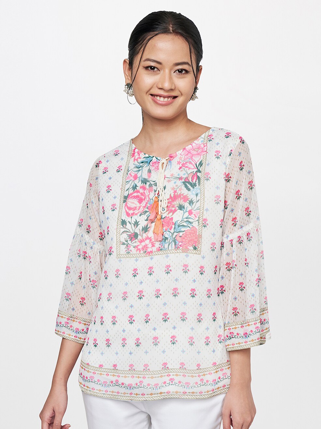

Global Desi Off White Floral Print Tie-Up Neck Top