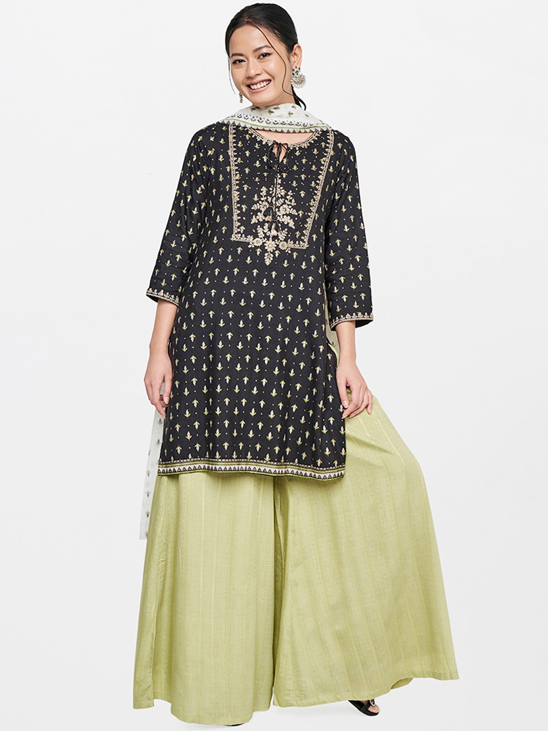 

Global Desi Women Ethnic Motifs Printed Kurta with Palazzos & With Dupatta, Black