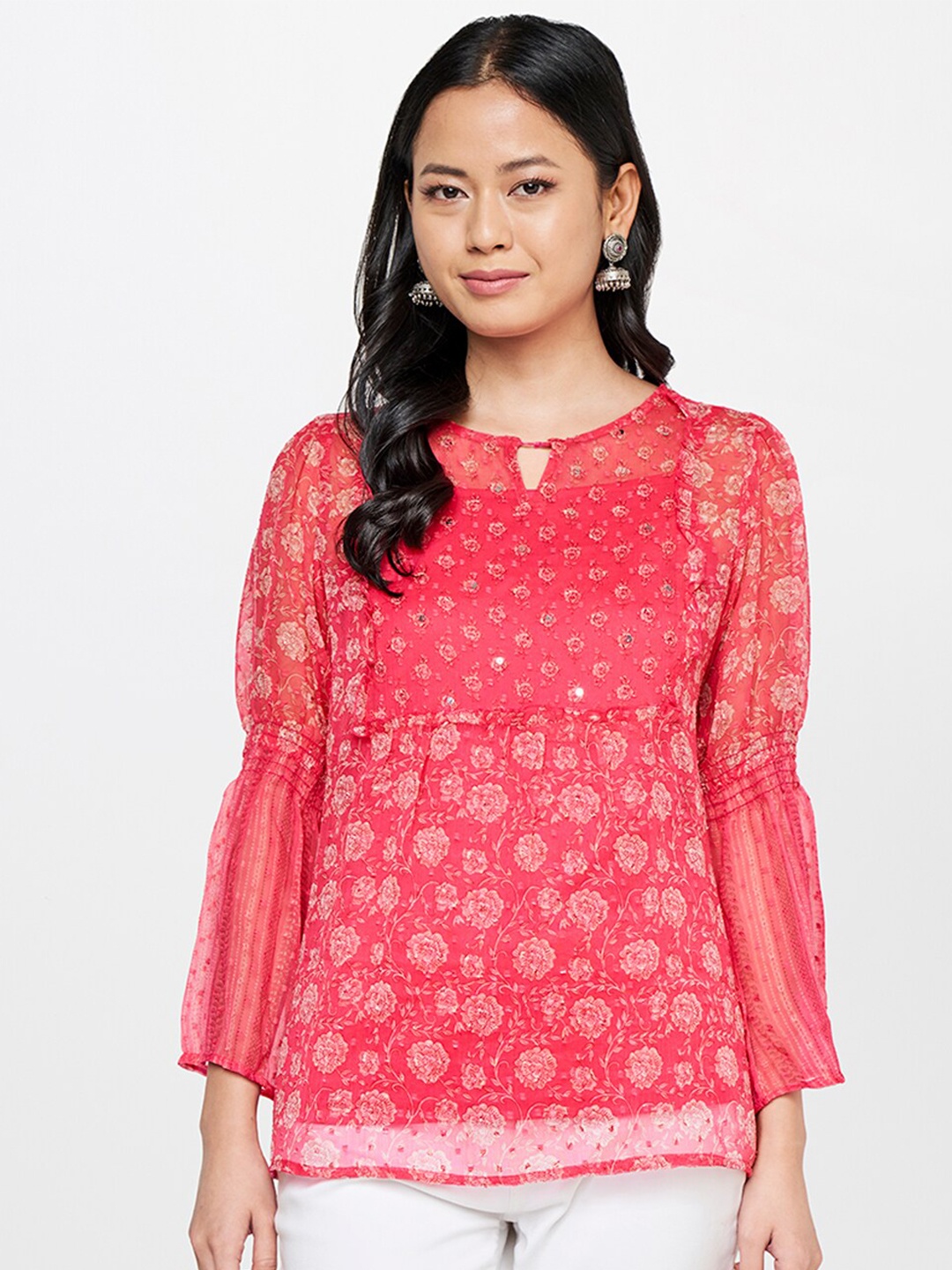 

Global Desi Pink Floral Print Keyhole Neck Top