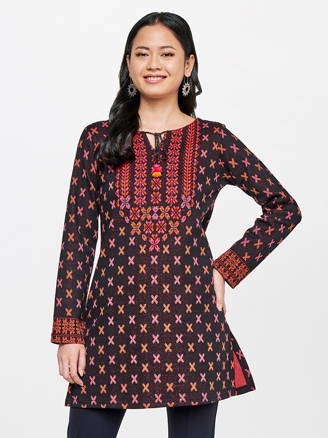 

Global Desi Black & Orange Viscose Rayon Printed Tunic
