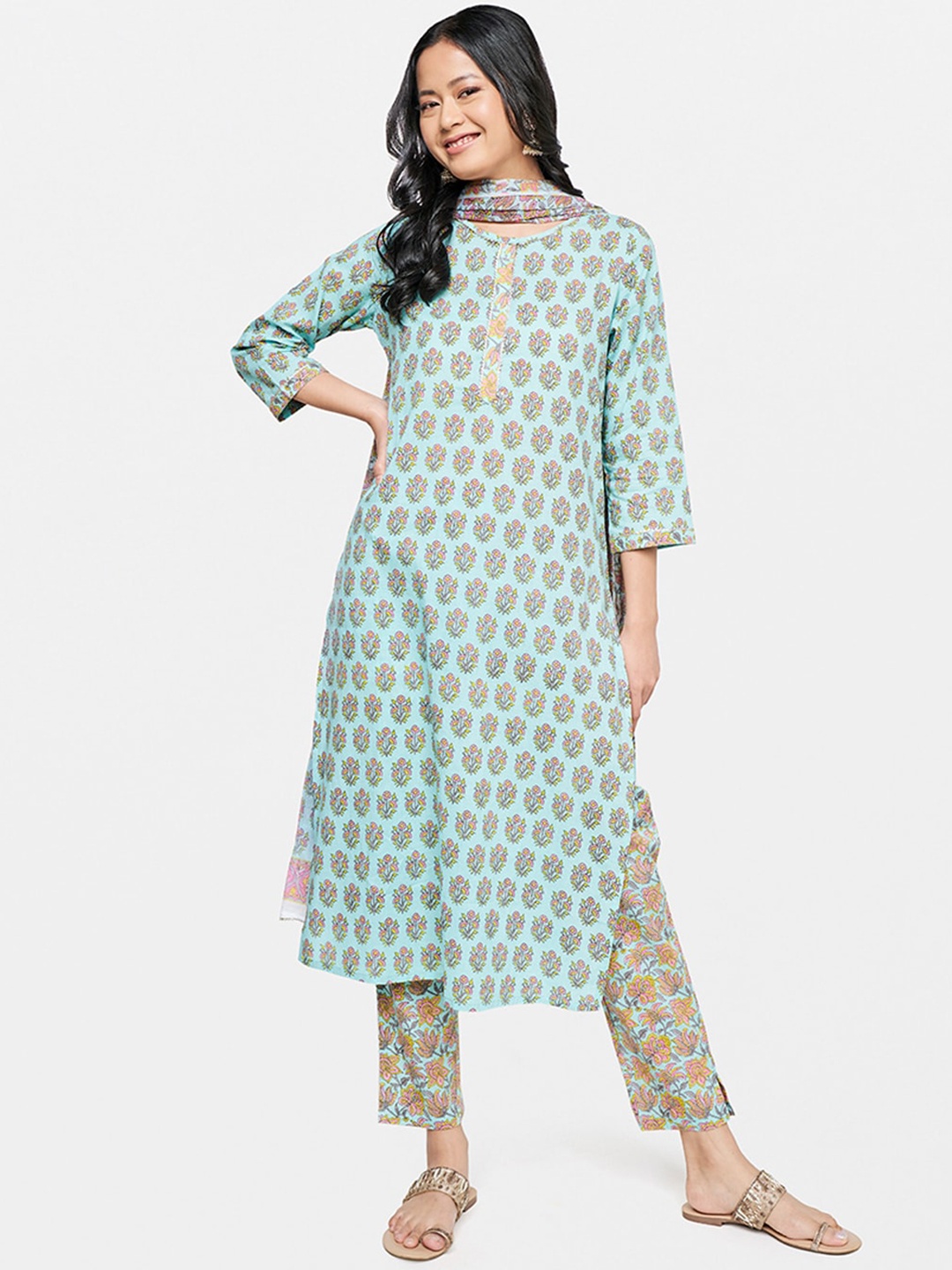 

Global Desi Women Ethnic Motifs Printed Pure Cotton Kurta with Trousers With Dupatta, Blue