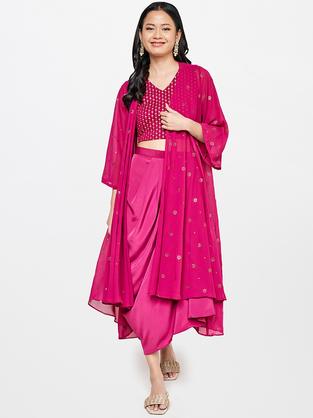 

Global Desi Women Pink Ethnic Motifs Printed Top with Skirt & Jacket
