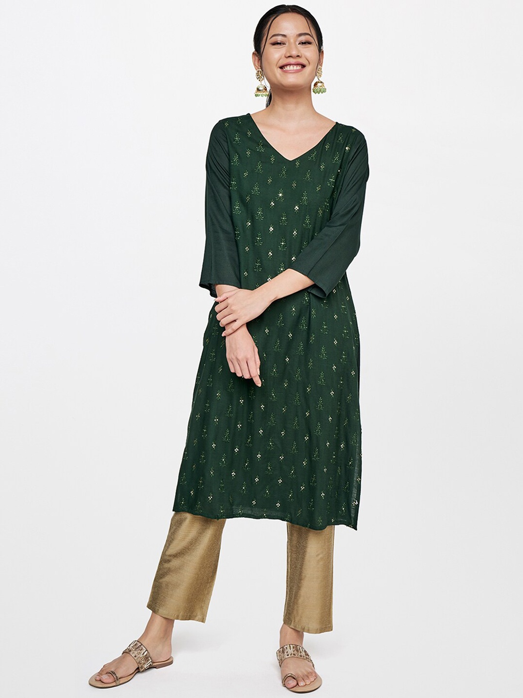 

Global Desi Women Green Ethnic Motifs Embroidered Flared Sleeves Kurta