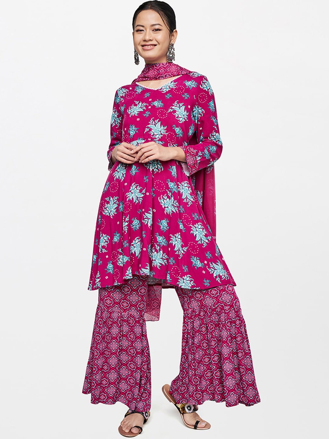 

Global Desi Women Magenta Floral Printed Kurta with Sharara & With Dupatta