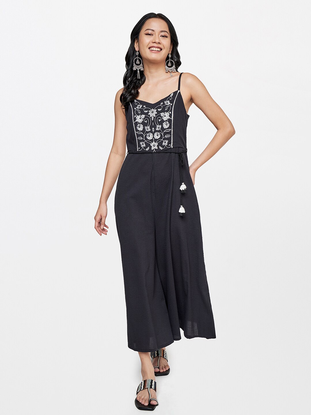 

Global Desi Black & White Basic Jumpsuit with Embroidered