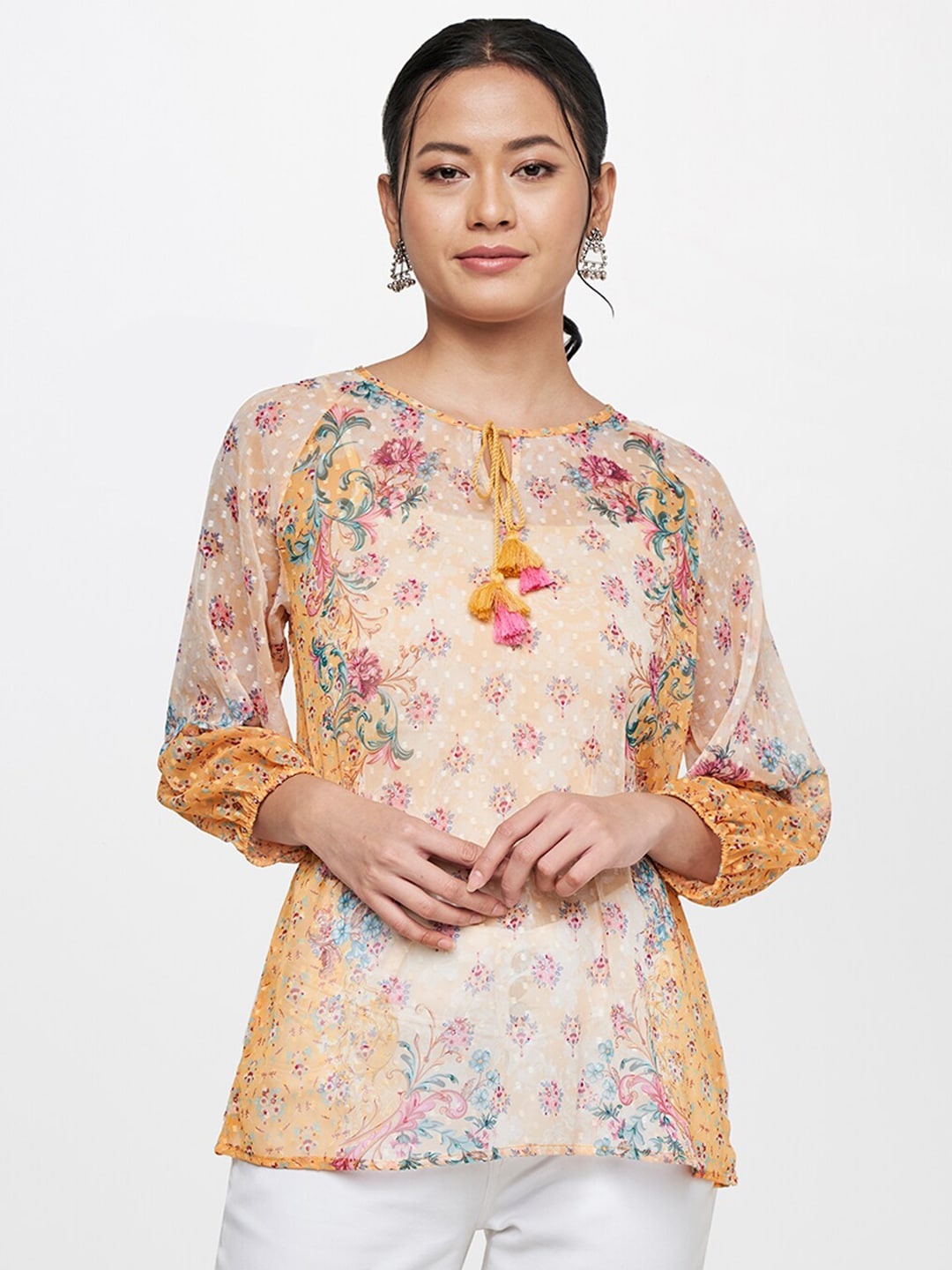 

Global Desi Women Mustard Yellow & Blue Floral Printed Tie-Up Neck Top