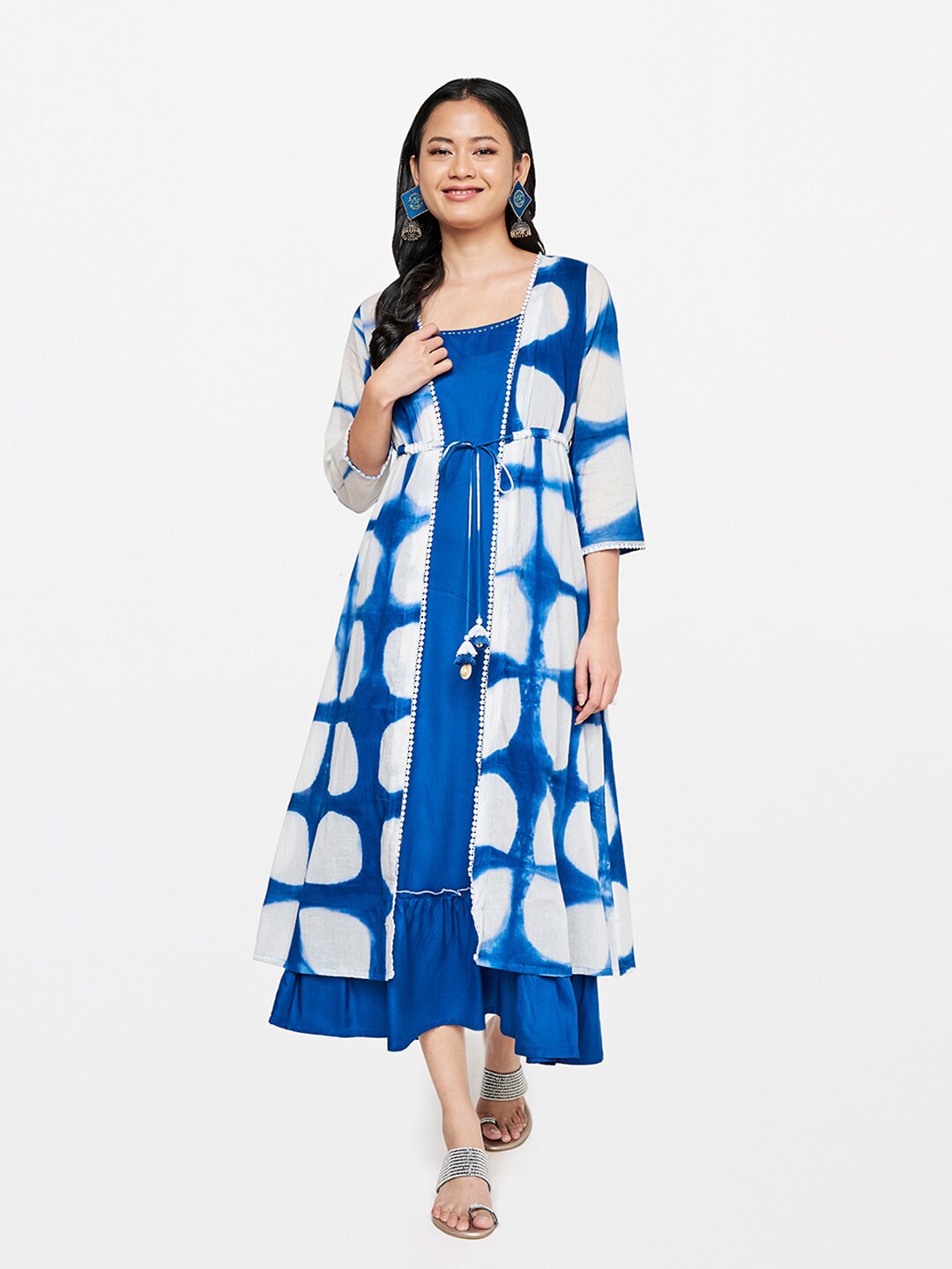 

Global Desi Women Tie and Dye Dyed Layered Pure Cotton Dress, Blue