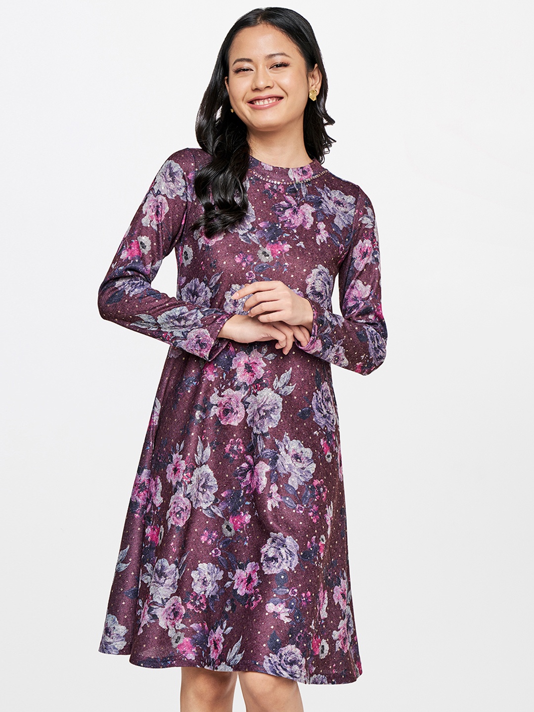 

Global Desi Purple & Blue Floral Print A-Line Dress