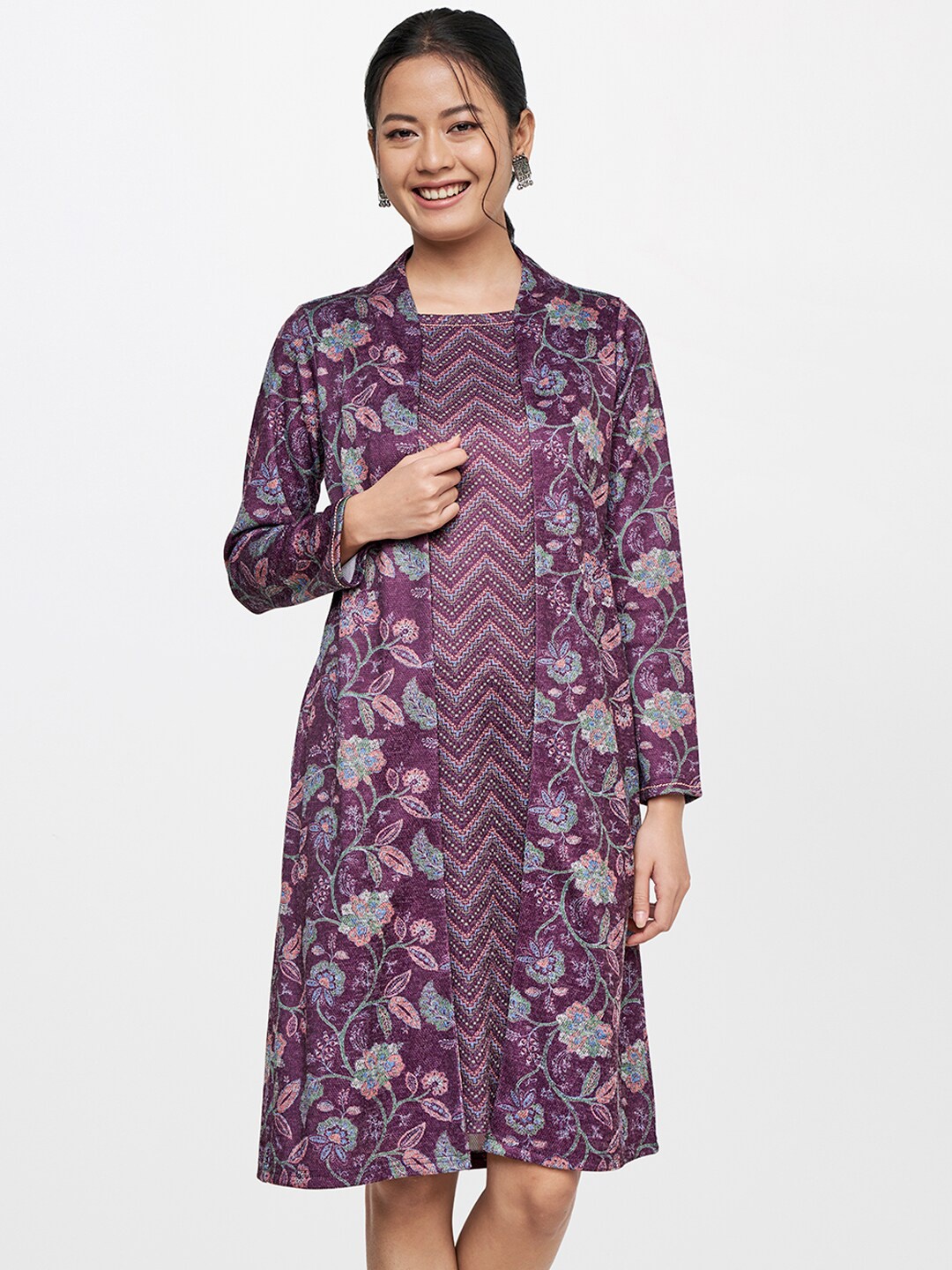 

Global Desi Women Purple & Pink Printed Polyester A-Line Dress With Jacket