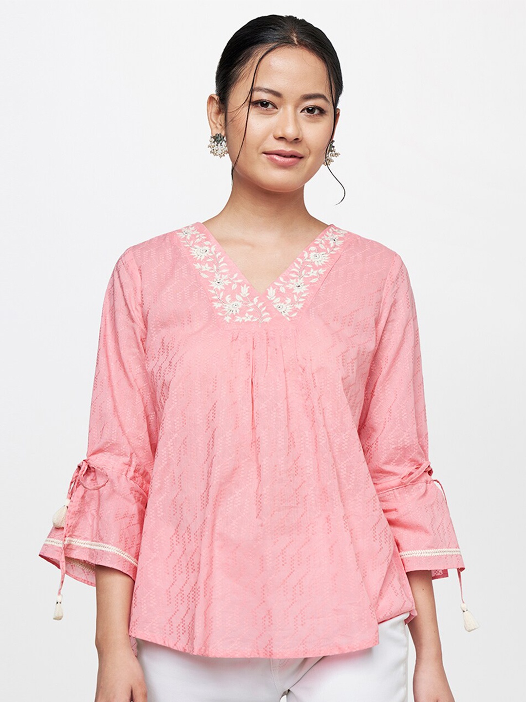 

Global Desi Women Pink Floral Yoke Embroidered Pure Cotton Casual Top