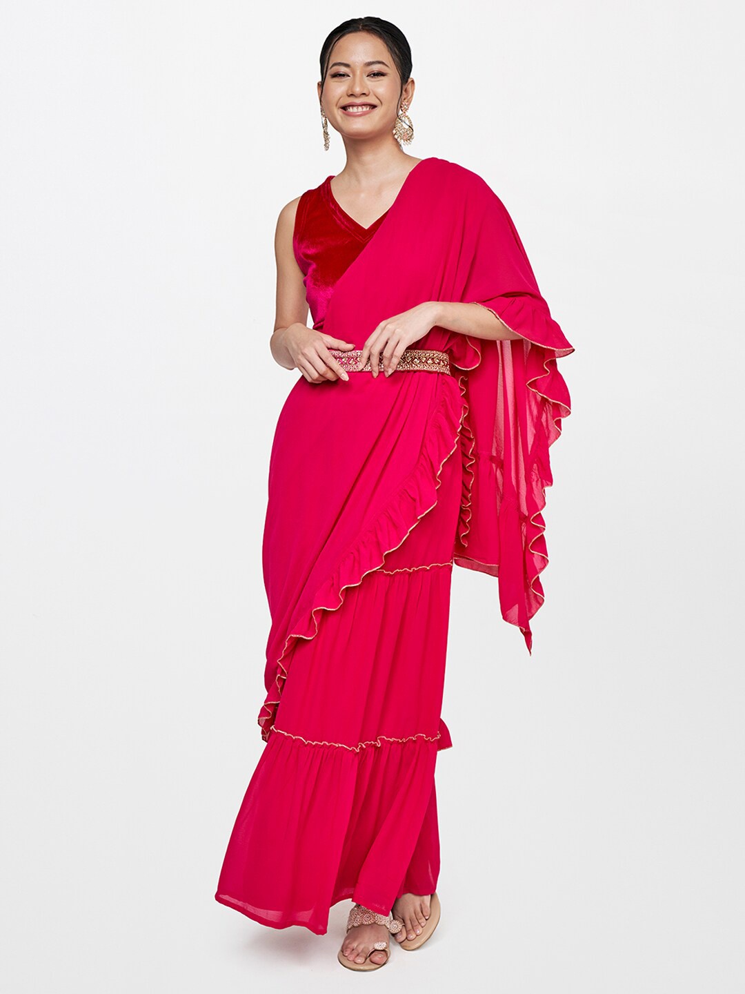 

Global Desi Pink Solid Ruffles Saree