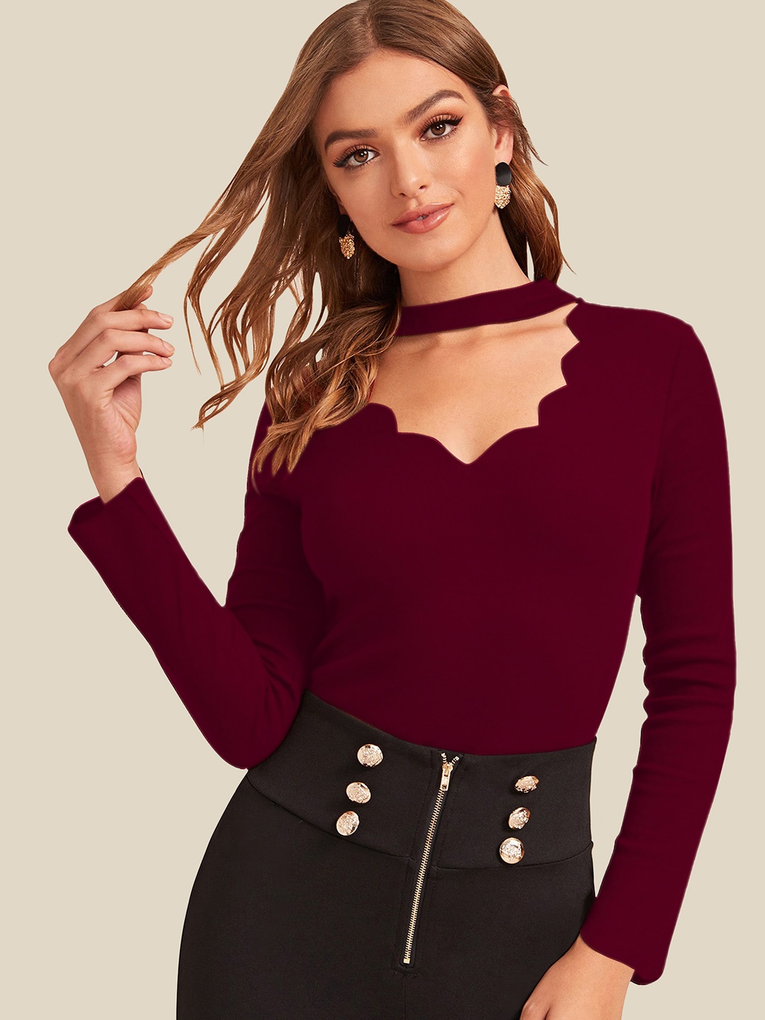 

AAHWAN Women Maroon Solid Choker Neck Casual Top