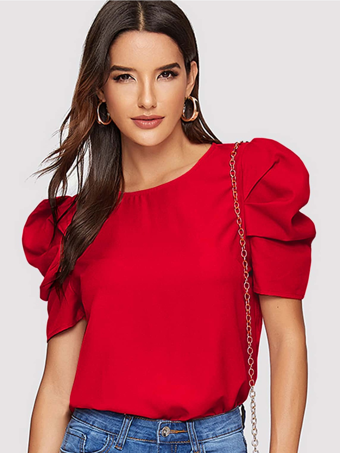 

AAHWAN Women Red Solid Puff Sleeves Casual Top