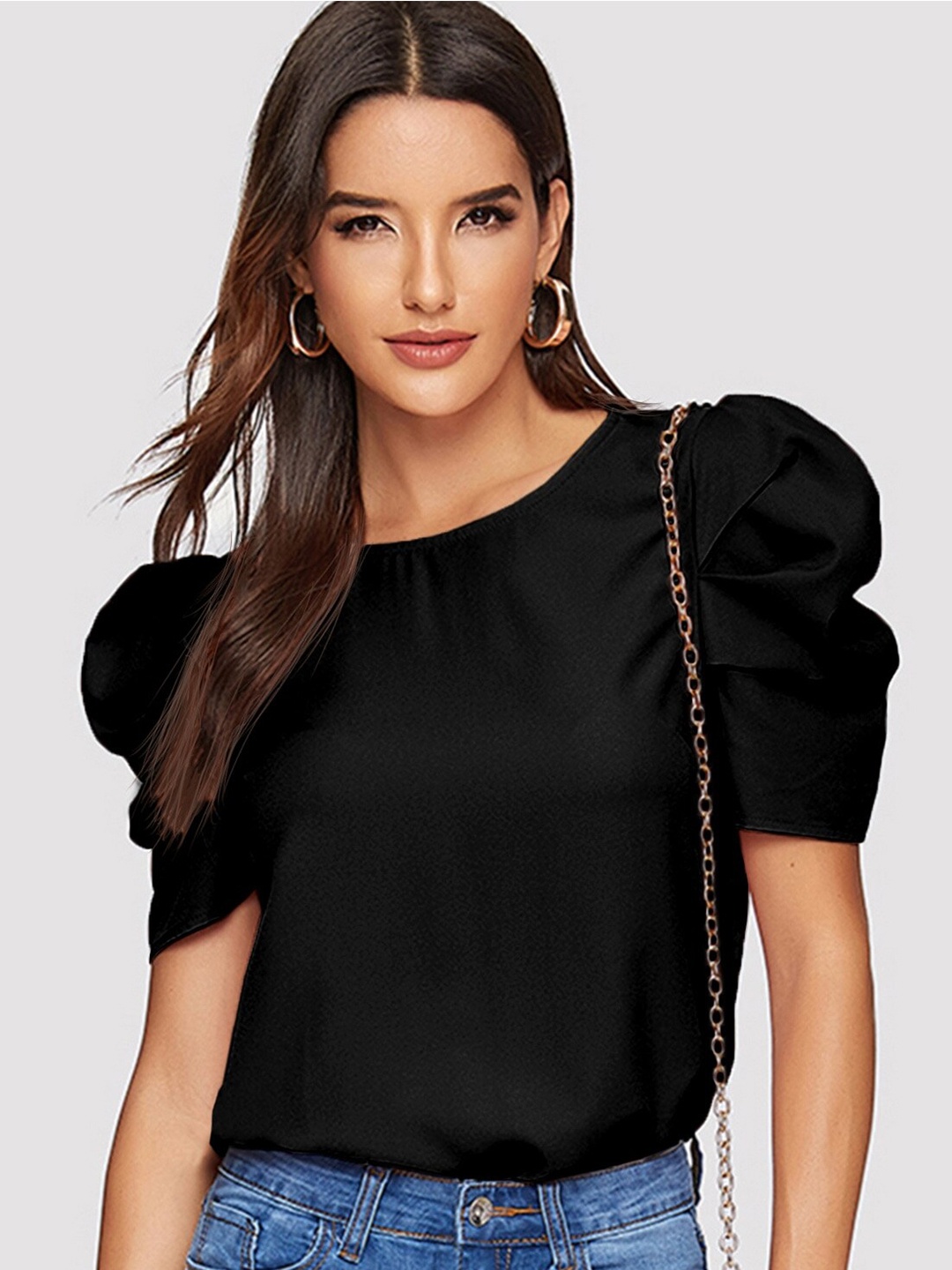 

AAHWAN Women Black Solid Puff Sleeves Casual Top