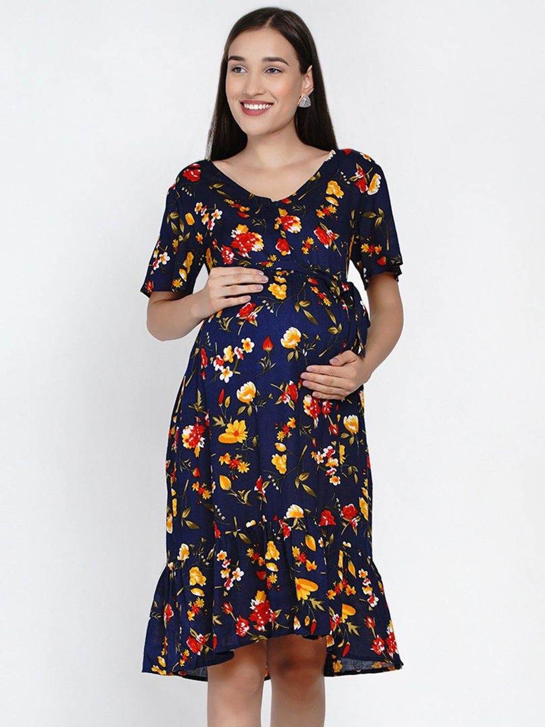 

Mine4Nine Women Multicolored Floral Print Maternity A-Line Midi Dress, Multi