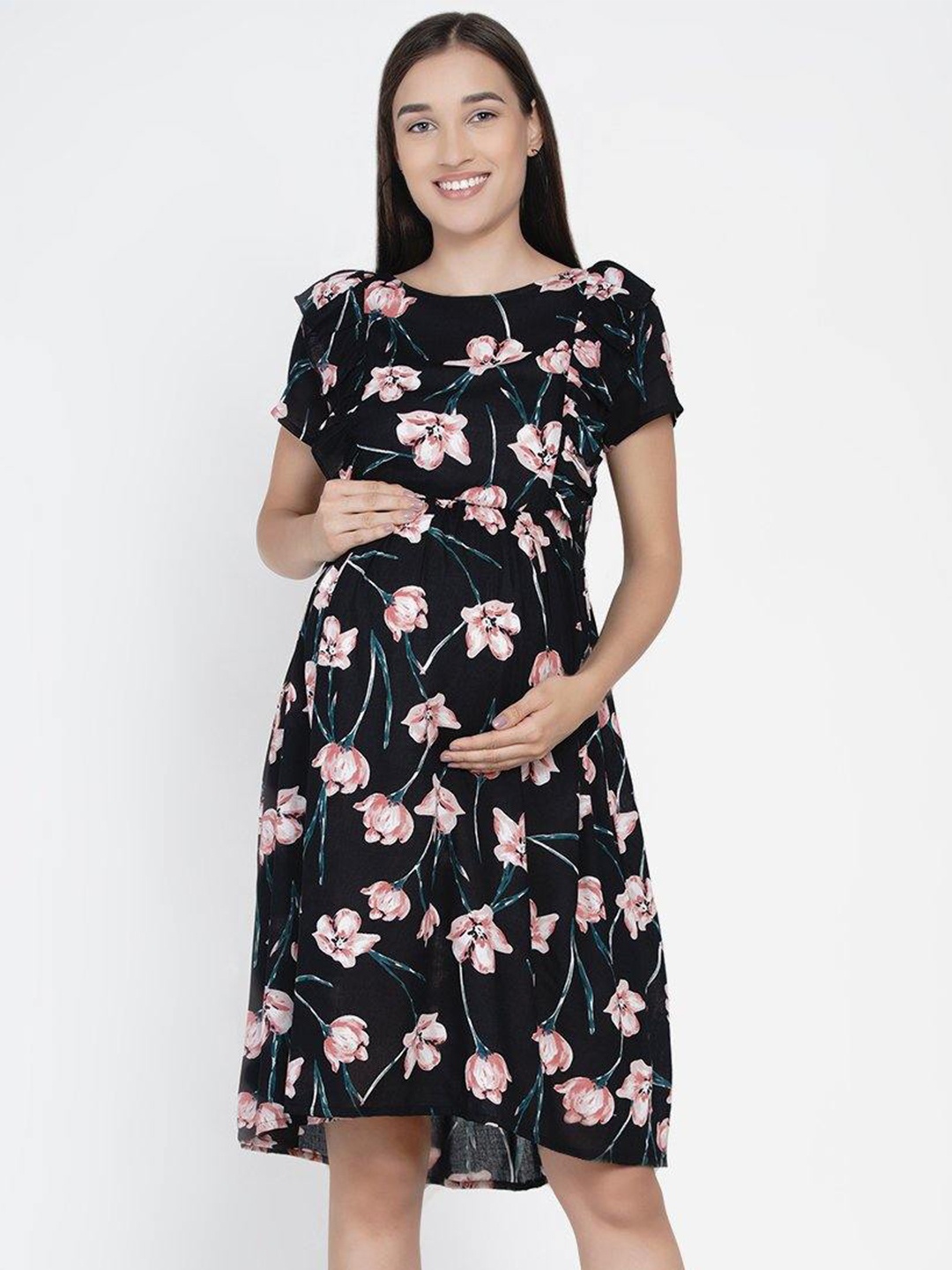 

Mine4Nine Women Black & Pink Floral Printed Viscose Rayon Maternity A-Line Dress