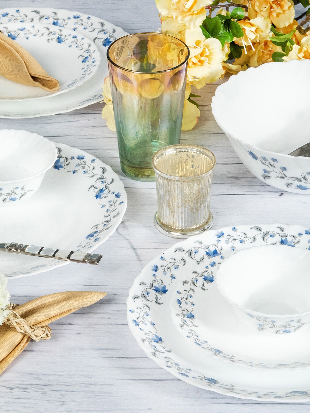 

Cello White & Blue 19 Pieces Floral Printed Opalware Glossy Dinner Set