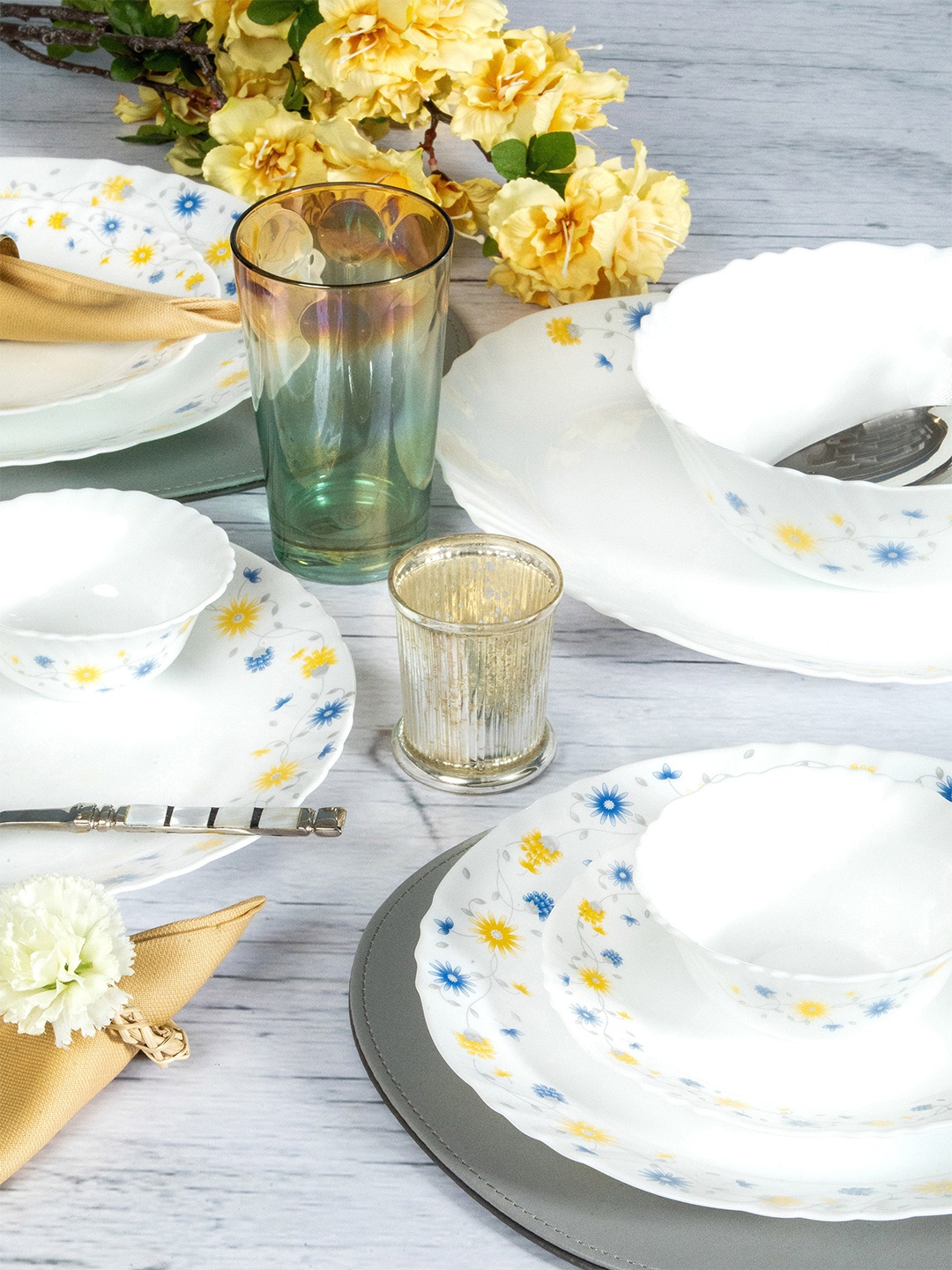 

Cello White & Yellow 27 Pieces Floral Printed Opalware Glossy Dinner Set