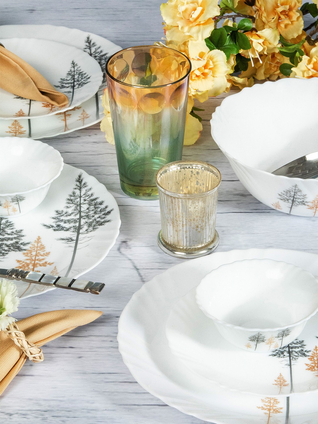 

Cello Imperial Series 19Pieces Microwave & Dishwasher Safe Golden Pine Opalware Dinner Set, White
