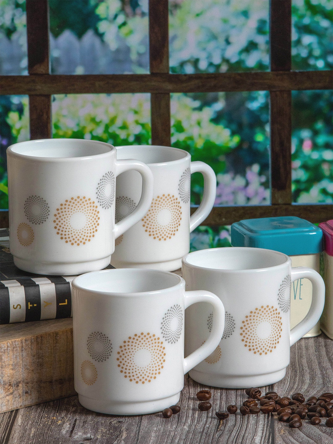 

Cello White & Brown Set Of 4 DishWasher & Microwave Safe Opalware Mugs 300 ml Each