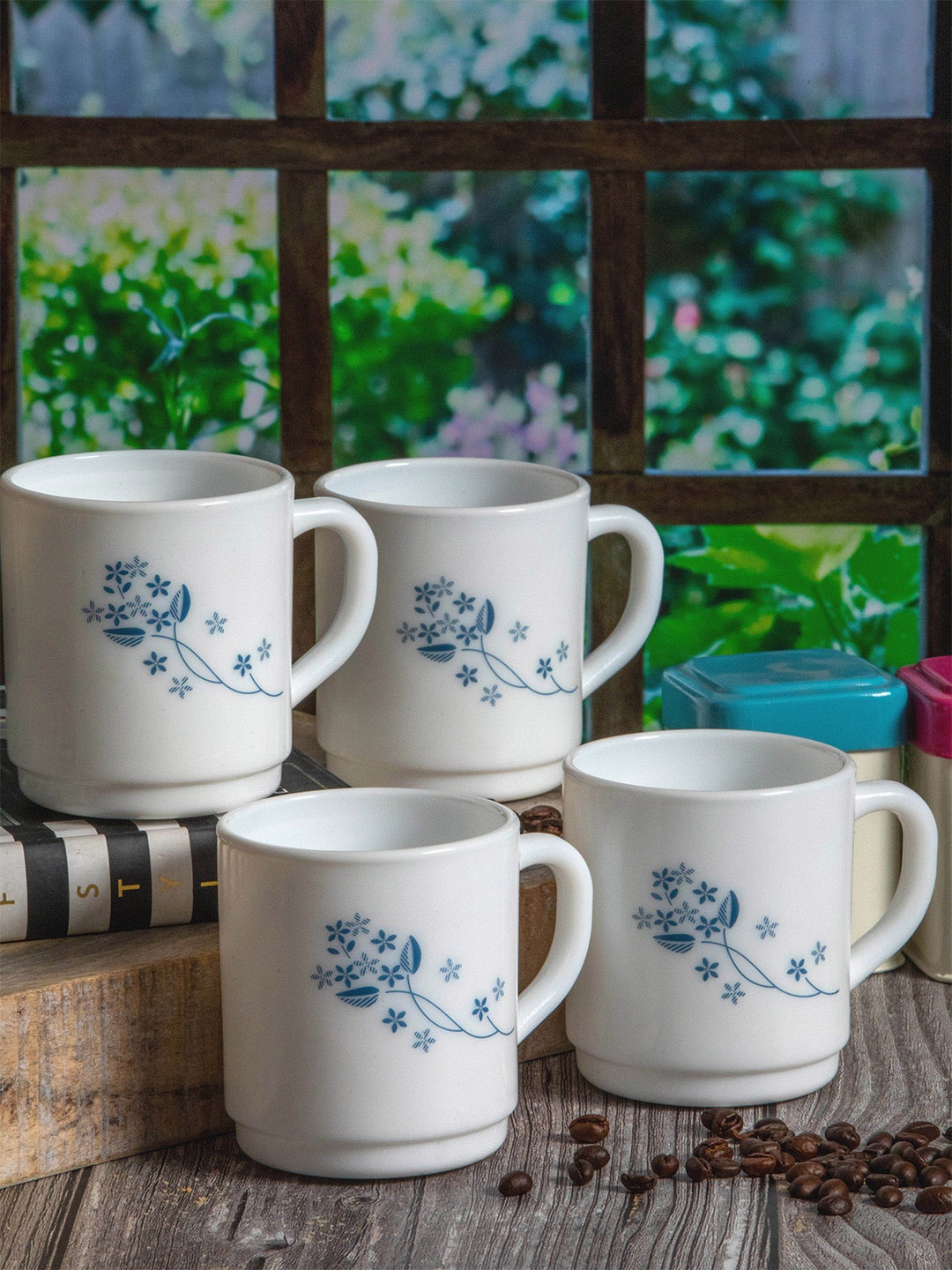 

Cello White & Blue Set Of 4 Dishwasher & Microwave Safe Opalware Glossy Mugs